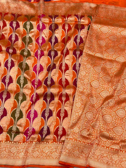 Orange Pure Katan Silk & Pure Mulberry Silk Rangkaat Handloom Modern Banarasi Saree