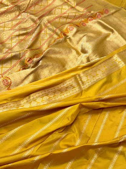 Mustard Yellow Pure Katan Silk Handwoven Banarasi Saree |Brocade|