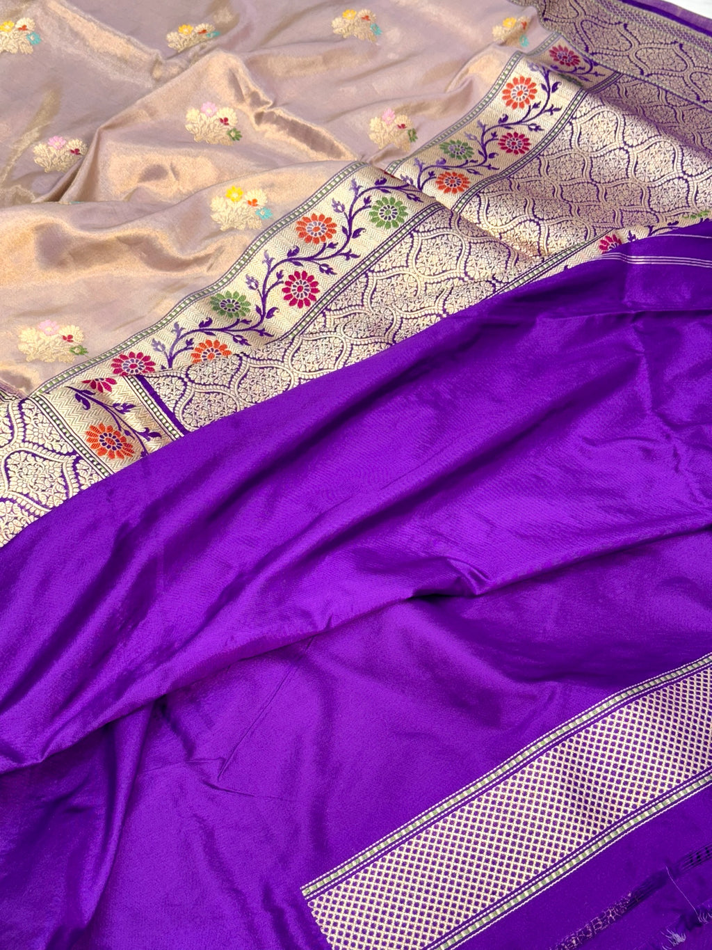 Champagne/Purple Katan Tissue Ektara Weave Pure Handwoven Saree