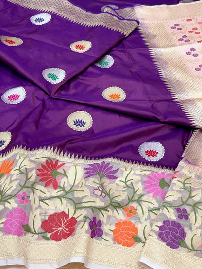 Purple Pure Mulberry Katan Silk | Kadhwa + Kadhiyal Technique | Handwoven Banarasi Saree
