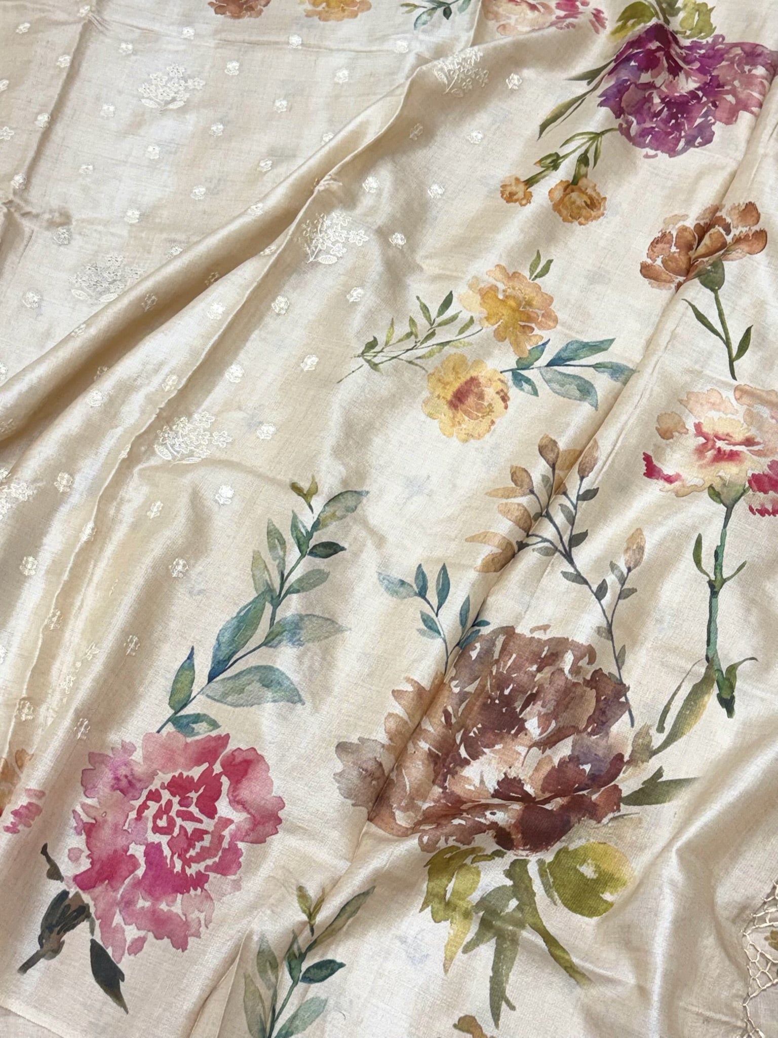 Ivory Pure Tussar Silk Handloom Printed with Embroidery Banarasi Saree - Soft Drape