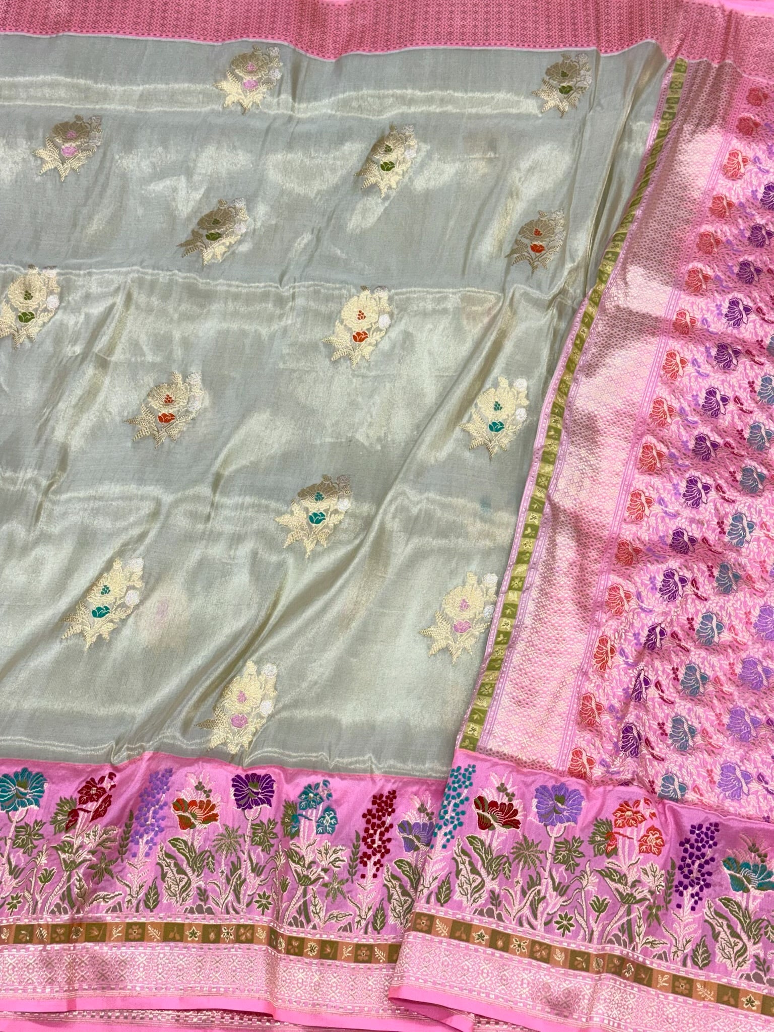 Pastel Mint Green Pure Mulberry Katan Tissue Silk | Kadhwa + Kadhiyal Weave | Handwoven Banarasi Saree