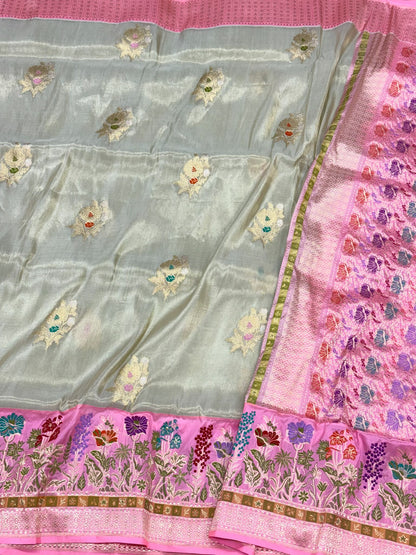 Pastel Mint Green Pure Mulberry Katan Tissue Silk | Kadhwa + Kadhiyal Weave | Handwoven Banarasi Saree