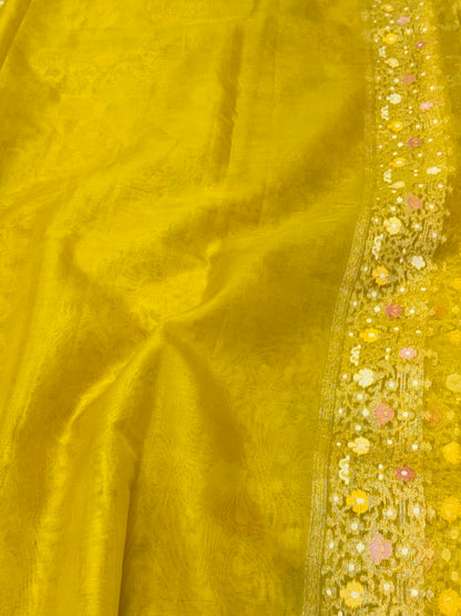 Lemon Gold Yellow Pure Kora Mulberry Silk Handloom | Ektara Jamdani Weave | Contemporary Banarasi Saree - The Regal Edit