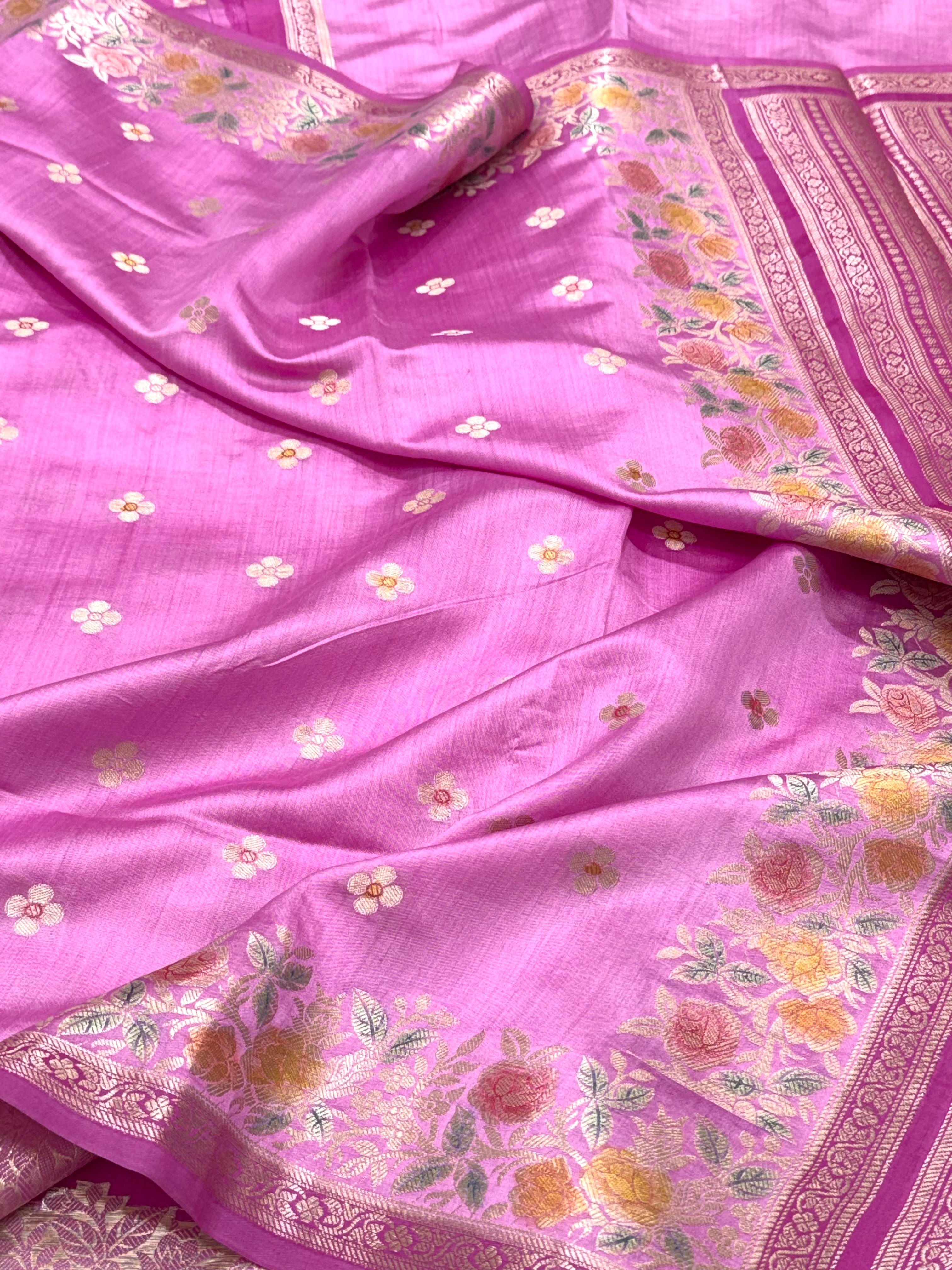 Neon Pink Pure Mulberry Chiniya Silk Lightweight Banarasi Saree