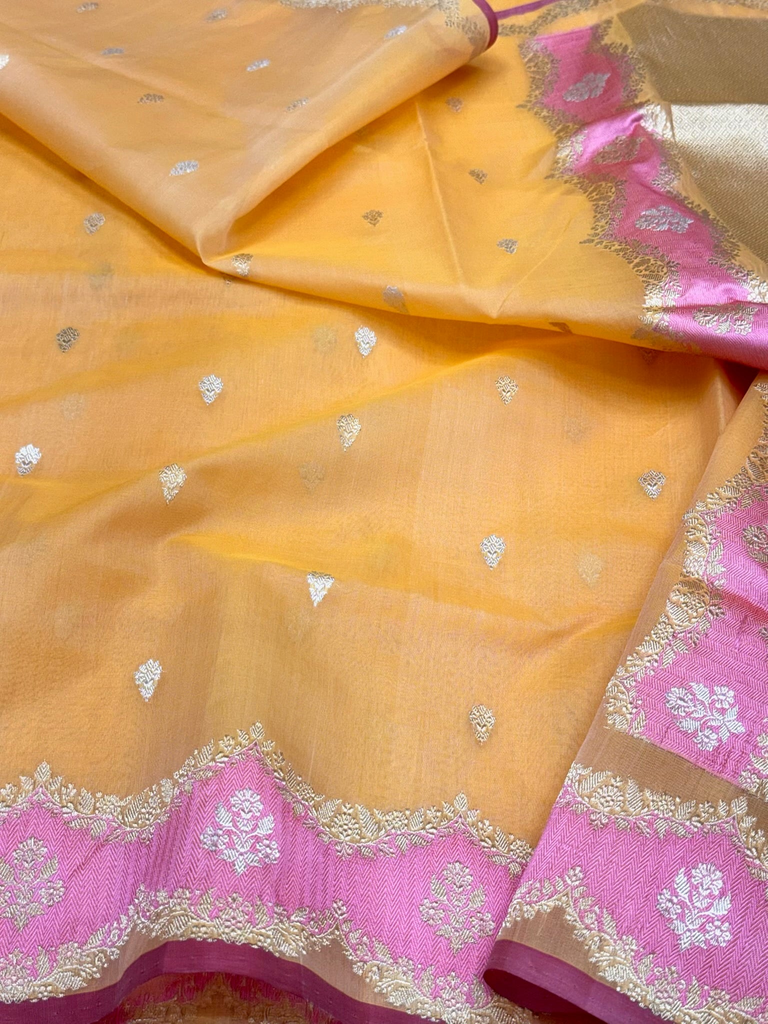 Light Orange Pure Kora Mulberry Silk | Kadhwa Technique | Handwoven Banarasi Saree