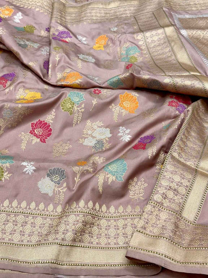 Dusty Mauve Pink Handwoven Saree | Kadhwa Technique | Aunthentic Banarasi Pure Katan Mulberry Silk Saree