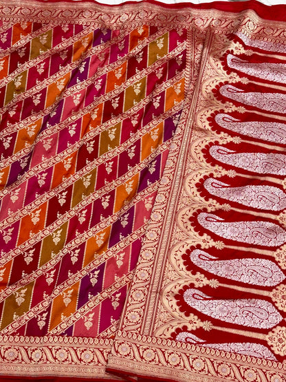 Red Pure Katan Mulberry Silk | Kadhwa Technique | Premium Banarasi Handwoven Contemporary Rangkaat Saree