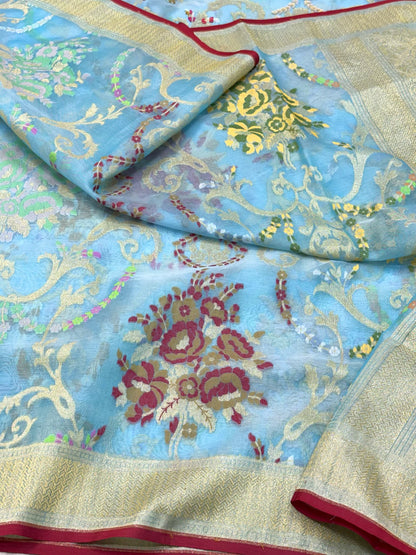 Sky Blue Pure Mulberry Kora Jamdani Handloom Modern Banarasi Lightweight Saree - Ektara Weave