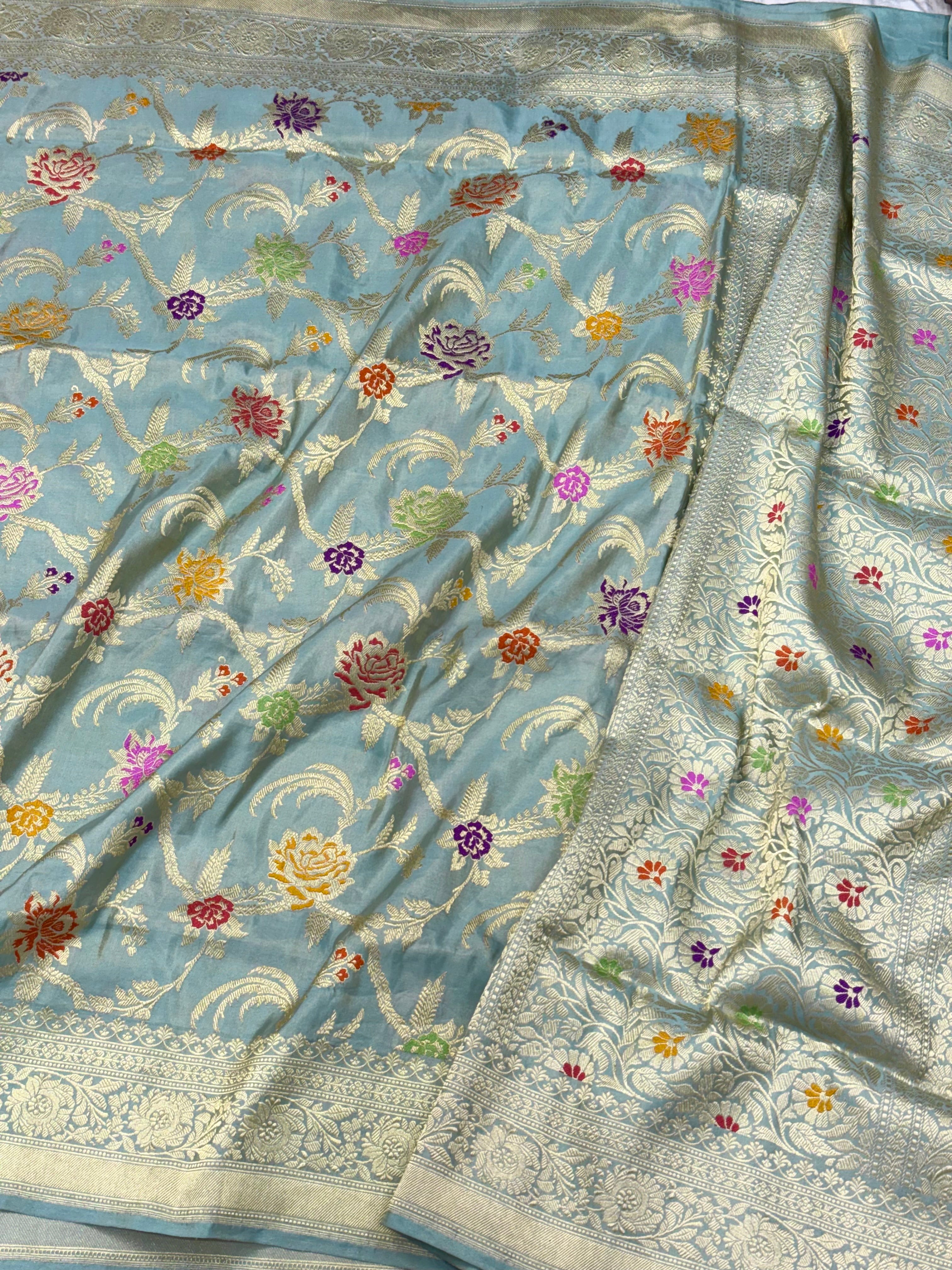 Turqoise Blue Pure Double Katan Tissue Silk Handwoven Banarasi Saree