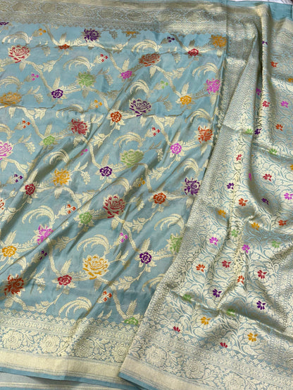 Turqoise Blue Pure Double Katan Tissue Silk Handwoven Banarasi Saree