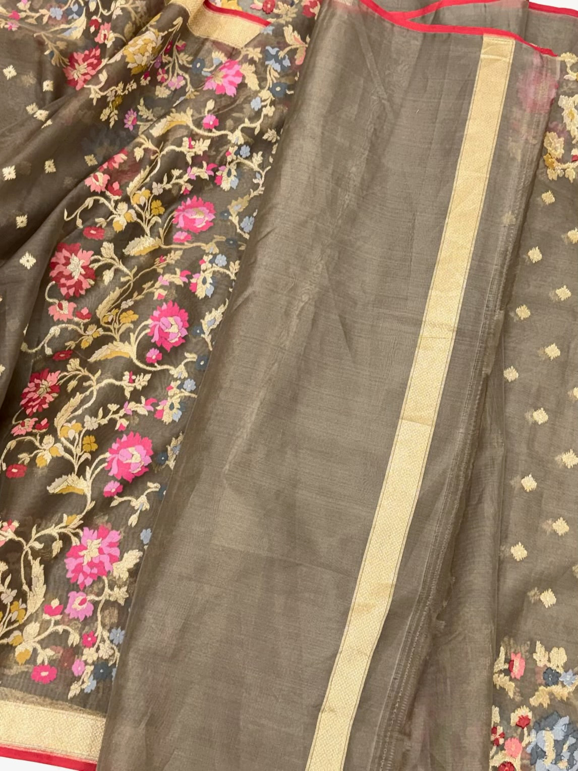 Antique Bronze Pure Kora Organza Silk Jamdani Handwoven Banarasi Saree |Ektara|