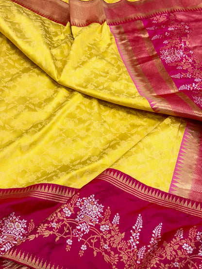 Yellow Pure Mulberry Katan Silk Handwoven Banarasi Saree