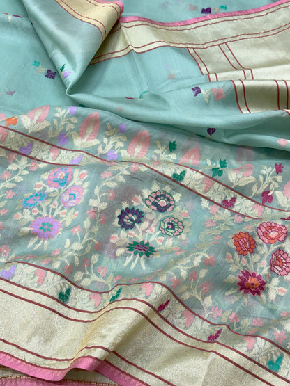 Aqua Blue Pure Kora Silk Jamdani Handwoven Banarasi Saree - Pure Mulberry Silk Skirt Border Saree