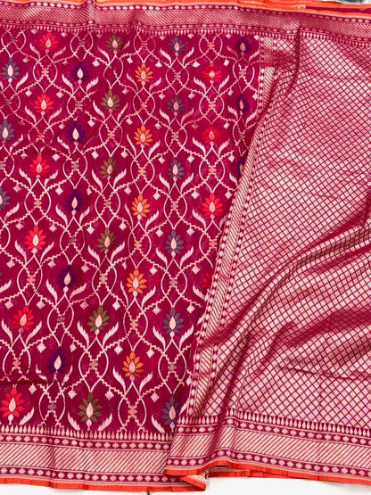 Raspberry Pink Pure Muslin Cotton Jamdani - Ektara Weave Handloom Modern Banarasi Saree
