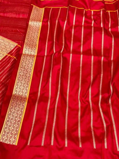 Red Pure Katan Silk Saree | Kadhwa  Weave | Pure Mulberry Silk Handwoven Modern Banarasi Silk Saree
