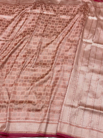 Dusty Peach Pure Katan Mulberry Silk Handloom Authentic Banarasi Brocade Saree