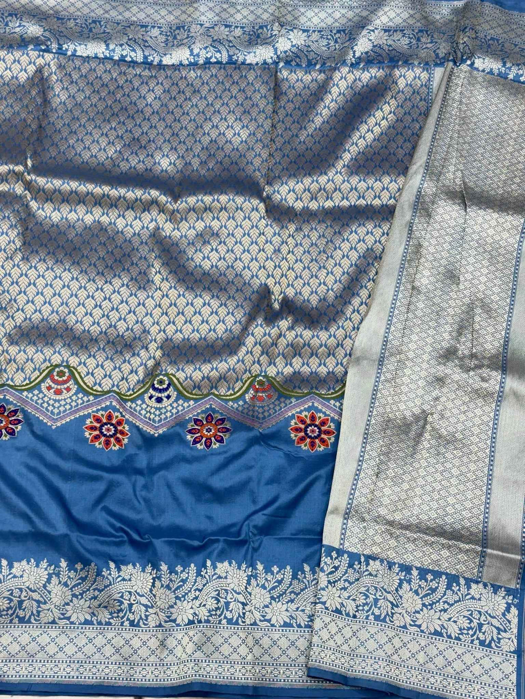 German Blue Exclusive Banarasi Contemporary Saree | Pure Katan Mulberry Silk - Kadhwa Technique Handwoven Banarasi Saree