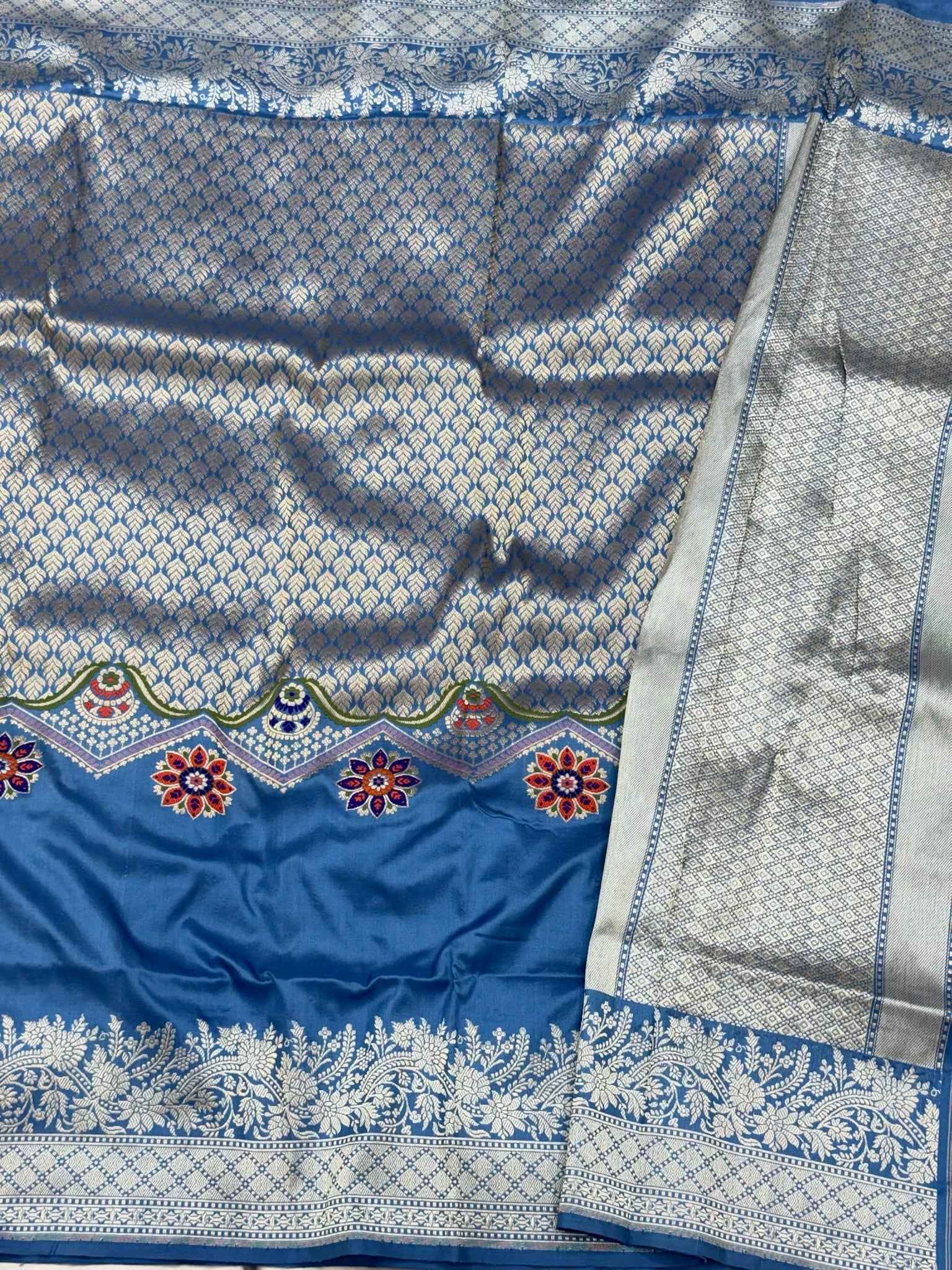 German Blue Exclusive Banarasi Contemporary Saree | Pure Katan Mulberry Silk - Kadhwa Technique Handwoven Banarasi Saree