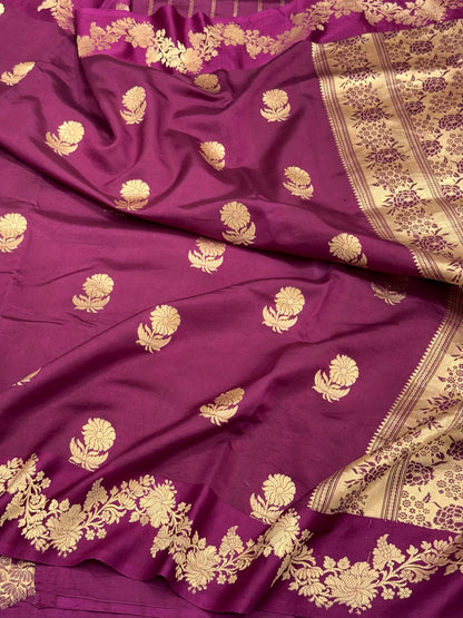 Dark Magenta Pure Raw Mango Silk Handwoven Authentic Banarasi Lightweight Saree