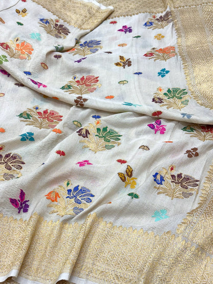 Ivory Pure Tussar Georgette Silk | Kadhwa Technique | Handwoven Banarasi Saree | Modern Banarasi Muse