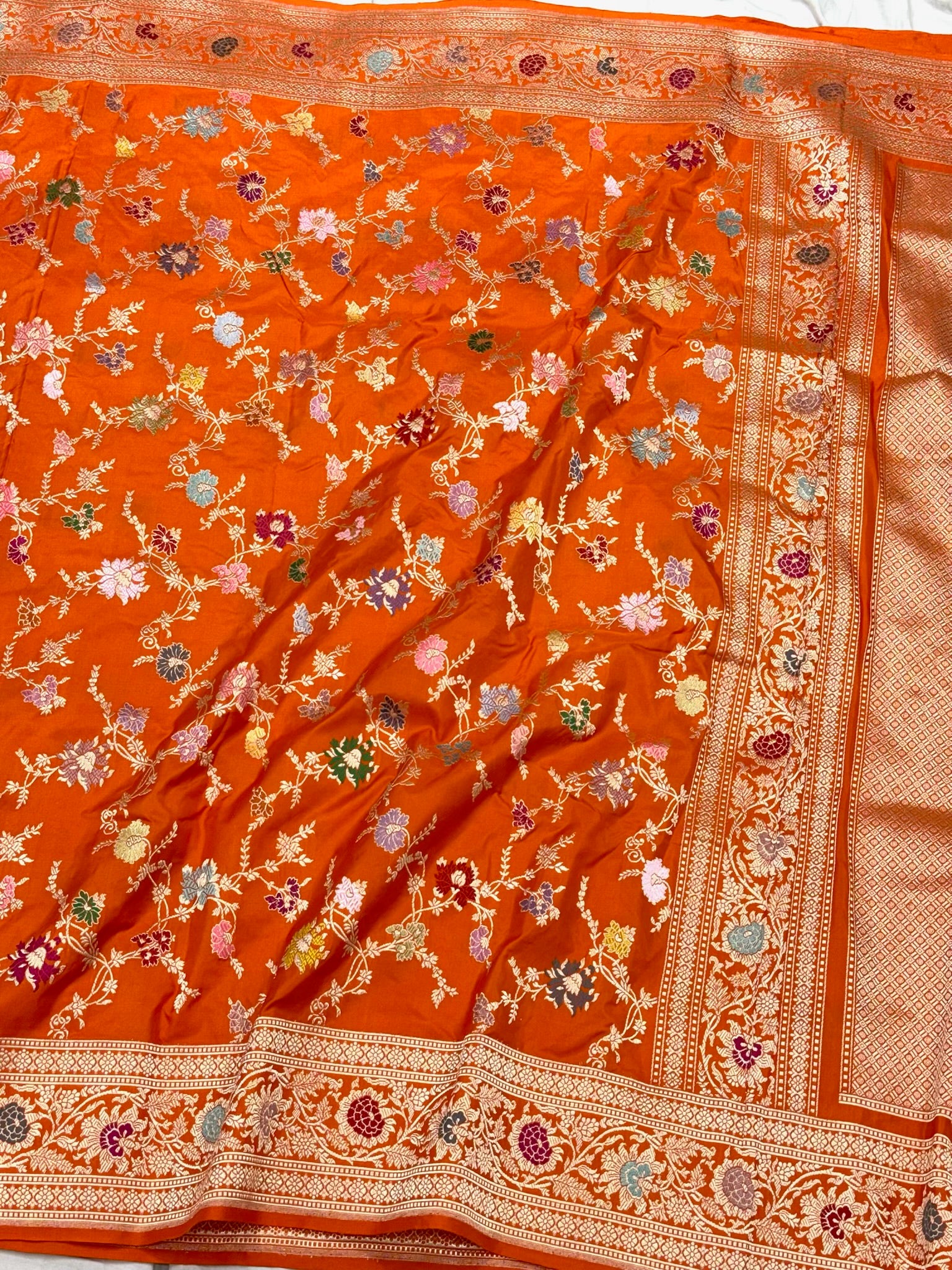 Orange Handwoven Luxury Banarasi Saree - Pure Mulberry Double Katan Silk Banarasi Saree | Kadhwa Weave | The Luxe Drape