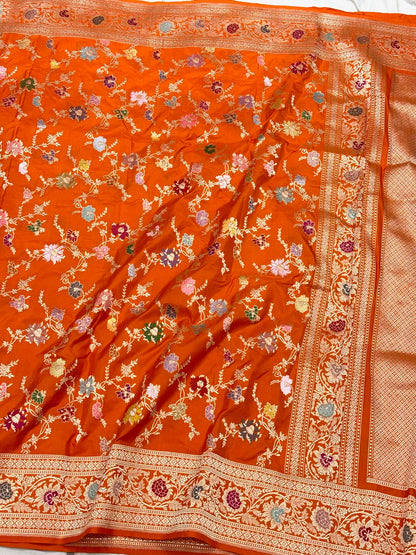 Orange Handwoven Luxury Banarasi Saree - Pure Mulberry Double Katan Silk Banarasi Saree | Kadhwa Weave | The Luxe Drape