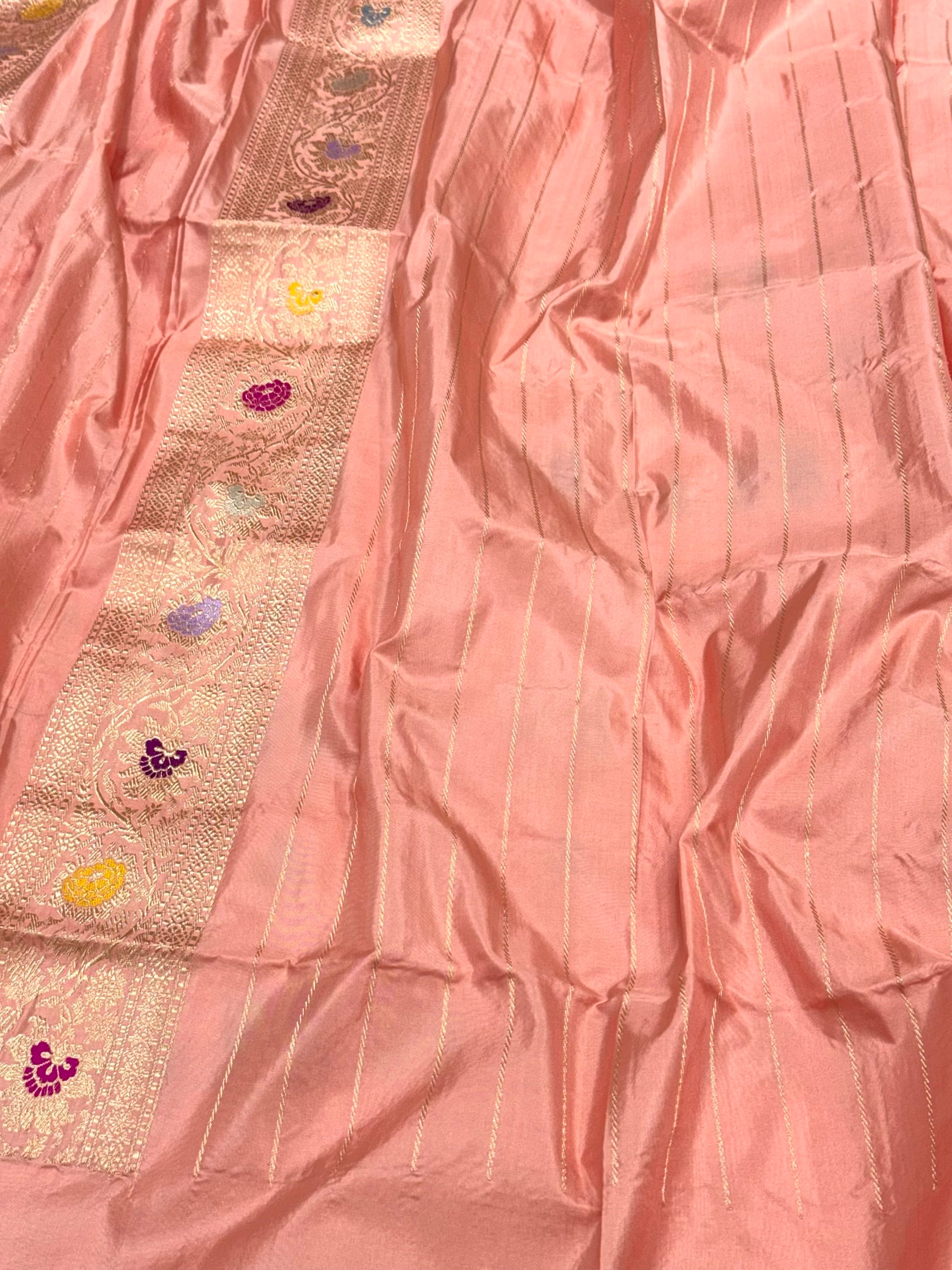 Peach 100% Pure Banarasi Double Katan Mulberry Silk Handwoven Saree | Kadhwa Technique |