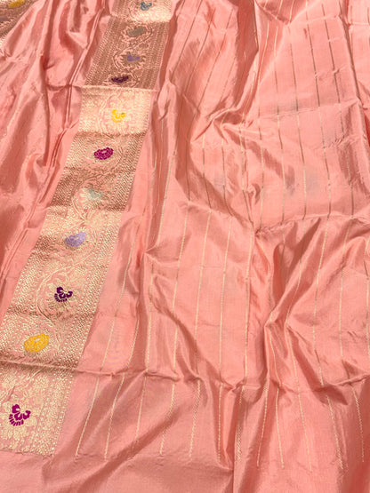 Peach 100% Pure Banarasi Double Katan Mulberry Silk Handwoven Saree | Kadhwa Technique |