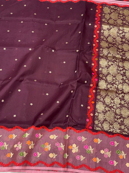 Wine Pure Mulberry Double Kora Organza Silk Handwoven Banarasi Saree | Kadhwa Ektara Weave Banarasi Saree - Luxury Drape
