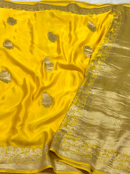 Lemon Yellow Pure Mashru Satin Silk Handwoven Banarasi Saree |Kadhuwa|