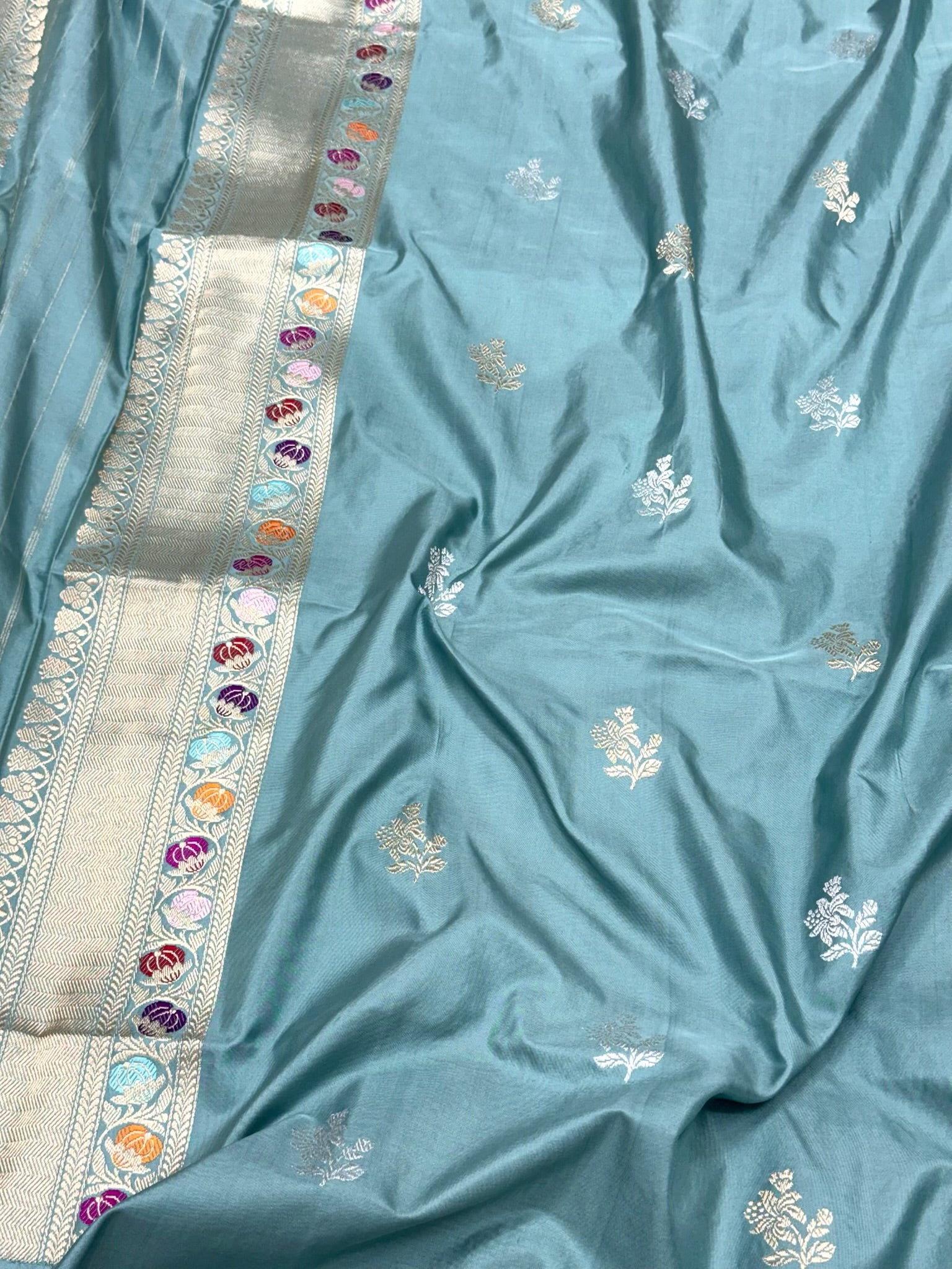 Dusty Teal Green Luxury Banarasi Saree | Pure Mulberry Silk & Pure Double Katan Silk - Kadhwa Banarasi Saree