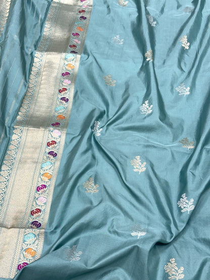Dusty Teal Green Luxury Banarasi Saree | Pure Mulberry Silk & Pure Double Katan Silk - Kadhwa Banarasi Saree