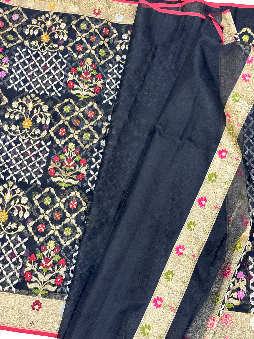 Black Pure Kora Organza Silk Jamdani Handwoven Banarasi Saree