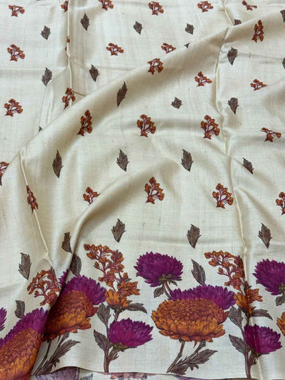 Ivory Pure Tussar Silk Handloom Printed Banarasi Saree - Soft Lightweight Banarasi Saree