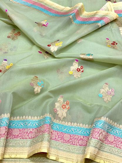Pista Green Pure Kora Mulberry Silk - Kadhwa Weave | Handwoven Premium Banarasi Lightweight Saree
