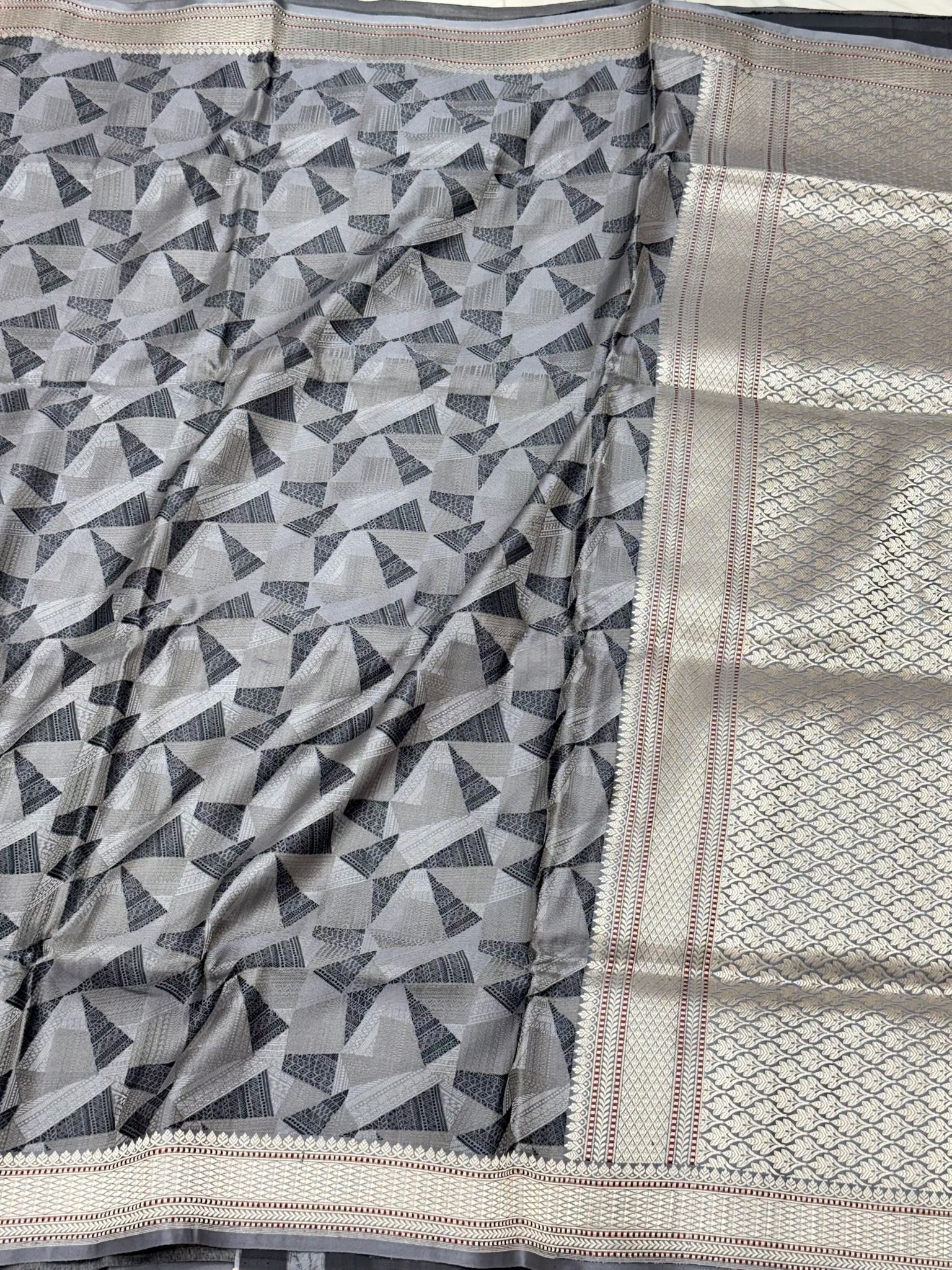 Gray Pure Mulberry Satin Silk Handwoven | Kadhwa Weave | Banarasi Tachoi Saree - Heritage In A New Light