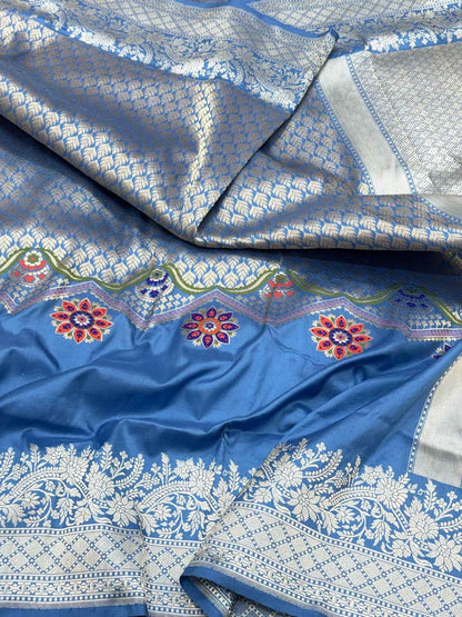 German Blue Exclusive Banarasi Contemporary Saree | Pure Katan Mulberry Silk - Kadhwa Technique Handwoven Banarasi Saree
