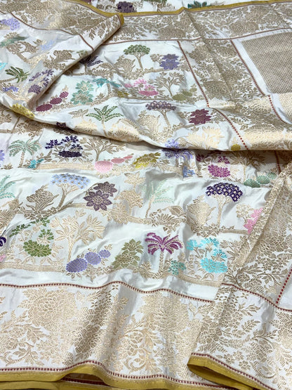 White Banarasi Handwoven Saree | Kadhwa Technique | Pure Mulberry Double Katan Silk Saree - The Statement Six Yards