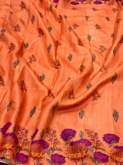 Peach Orange Pure Tussar Silk Handloom Printed with Embroidery Banarasi Saree - Soft Lightweight Banarasi Saree