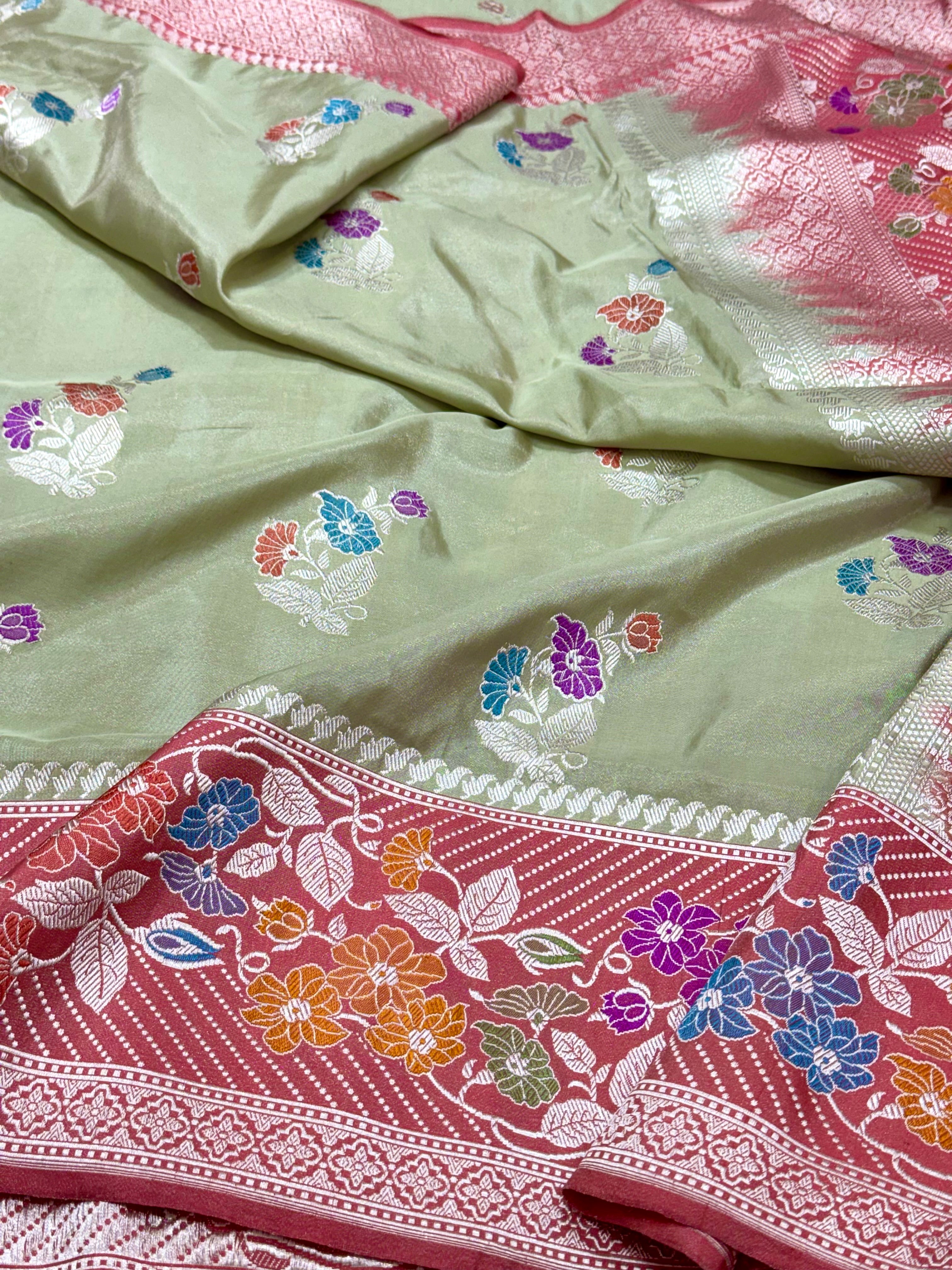 Tea Green Pure Double Katan Tissue Silk Handwoven Banarasi Saree