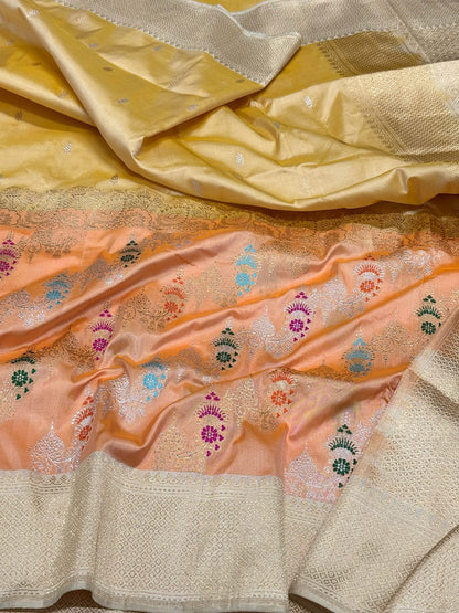 Lemon Yelllow/Peach Pure Katan Mulberry Silk Handwoven Banarasi Saree | Kadhwa Technique | The New Classic