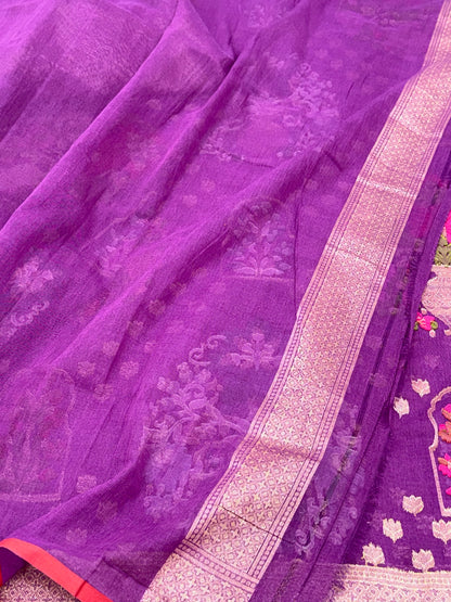 Lavender Muslin Cotton Jamdani Ektara Weave Handloom Banarasi Saree