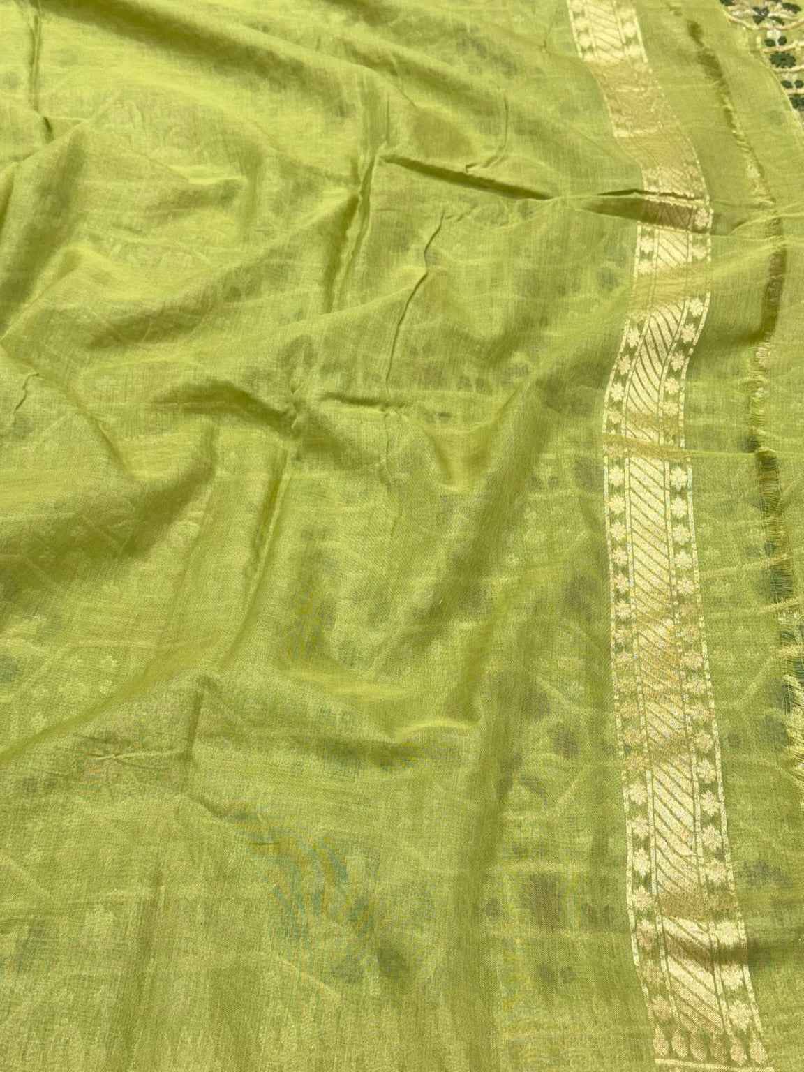 Pista Green Pure Muslin Cotton Tissue Jamdani - Ektara Weave Handloom Modern Banarasi Saree