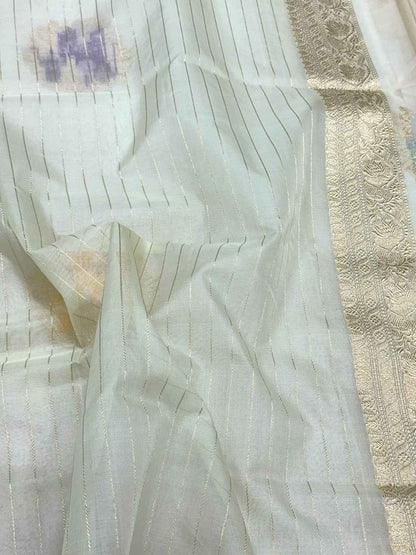 Pearl White Pure Kora Mulberry Silk | Kadhwa Technique | Handwoven Lighweight Banarasi Saree