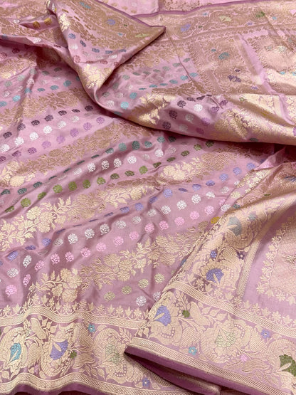 Lilac Pink Pure Double Katan Silk - Pure Mulberry Silk Saree| Kadhwa Technique | Handwoven Banarasi Luxury Saree