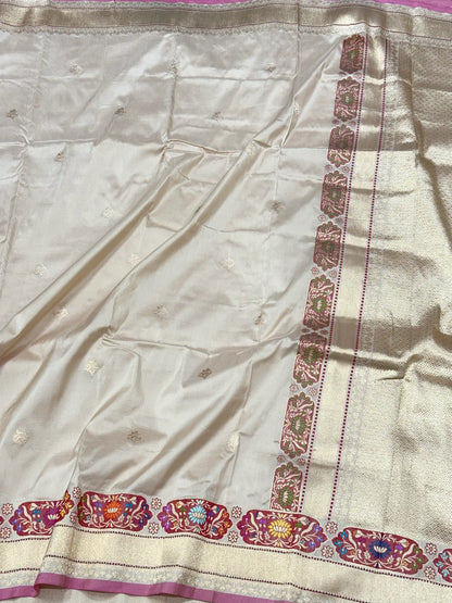 Ivory Pure Mulberry Katan Silk | Kadhwa Weave | Handwoven Banarasi Saree - The Regal Edit