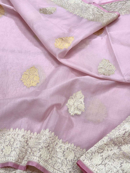 Baby Pink Pure Mulberry Kora Silk Handwoven Banarasi Saree