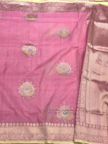 Onion Pink Pure Kora Mulberry Silk | Kadhwa Technique | Handwoven Lighweight Banarasi Saree
