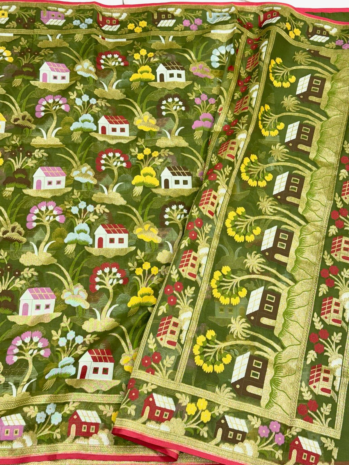 Dark Green Pure Mulberry Kora Silk Saree | Ektara Weave - Soft Drape & Lightweight  Handloom Jamdani Banarasi Saree